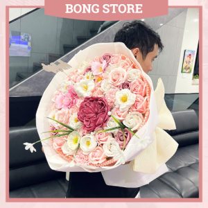 Bó Hoa Hồng Sáp Hoa Cao Cấp Mix Tone Hồng 50 Bông Gói Vải Làm Quà Tặng, Hoa Sinh Nhật, Tặng Người Yêu, Hoa Tốt Nghiệp