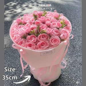 Bó Hoa Trà Ngọc Lụa Tone Hồng Form Tròn Dễ Thương, Bền Lâu Không Tàn, Quà Tặng Ý Nghĩa, Kèm Túi Thiệp