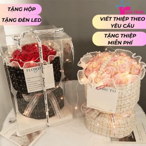 Bó hoa sáp thơm kèm hộp đèn LED phát sáng hoa sap 21 bông hoa sáp trong hộp trong suốt làm quà tặng người yêu